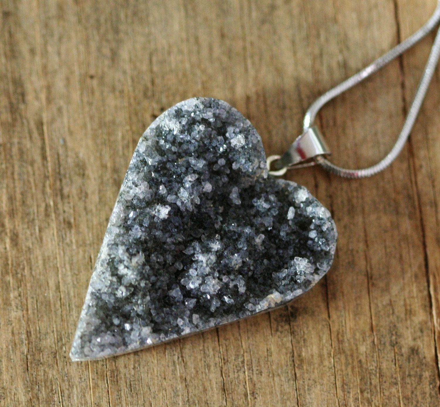 Heart Pendant, Crystal Druzy, Black Silvery Gray Agate BrazilianGemstone Inv. 16