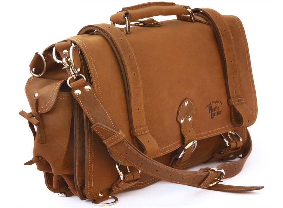 Messenger Bag Leather Briefcase , X-LARGE - Buckskin Tan Distressed, Rugged