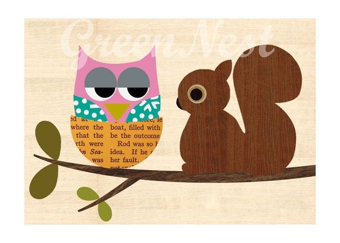Cute Squirrel and Baby Owl Collage Poster print on wooden background