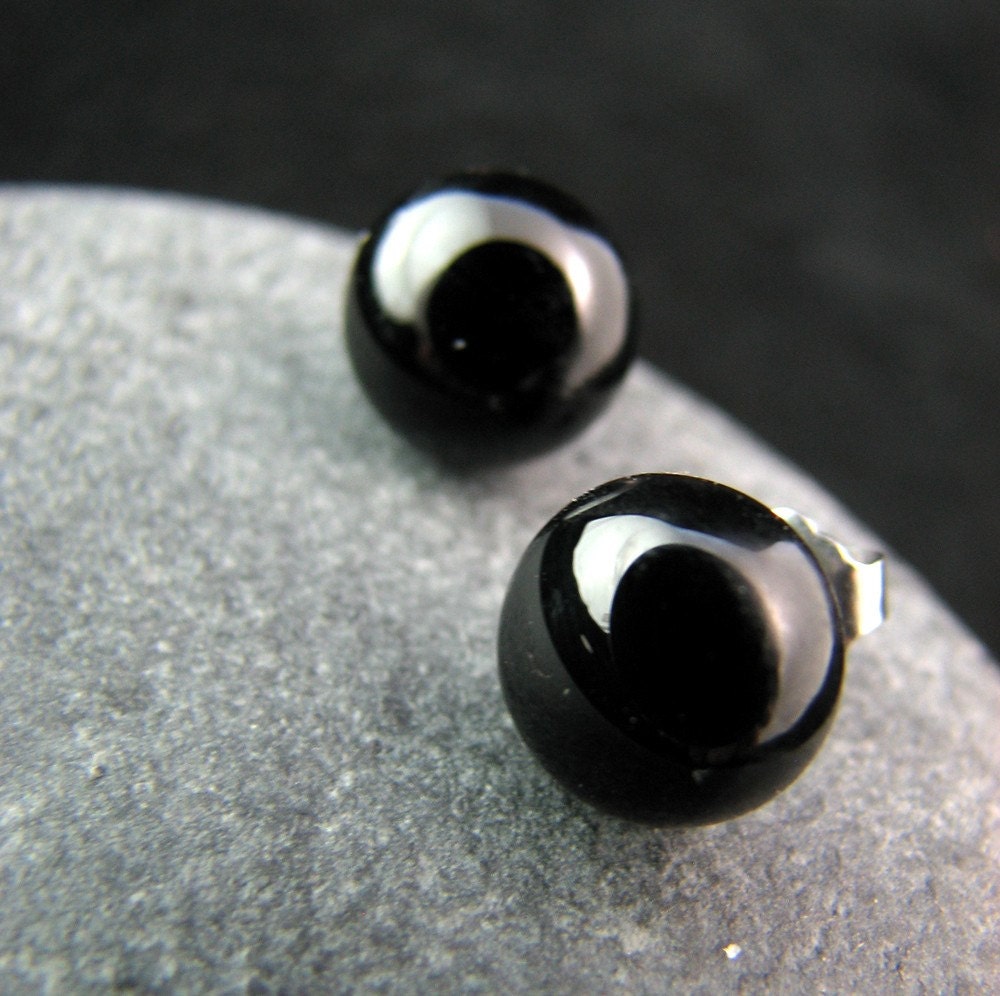 Black  Earring Posts - Fused Glass - Ebony