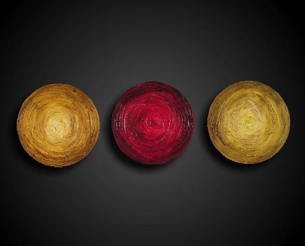 Wall Art. Abstract Painting. Contemporary Large Painting 16 X 48 Textured Red Gold Yellow Green Round Circles