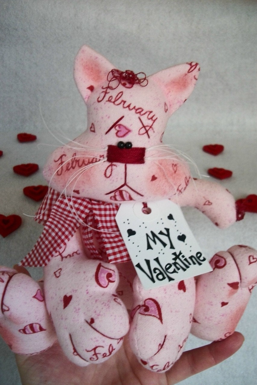 Primitive Raggedy My Valentine Kitty Cat Doll Shelf Sitter