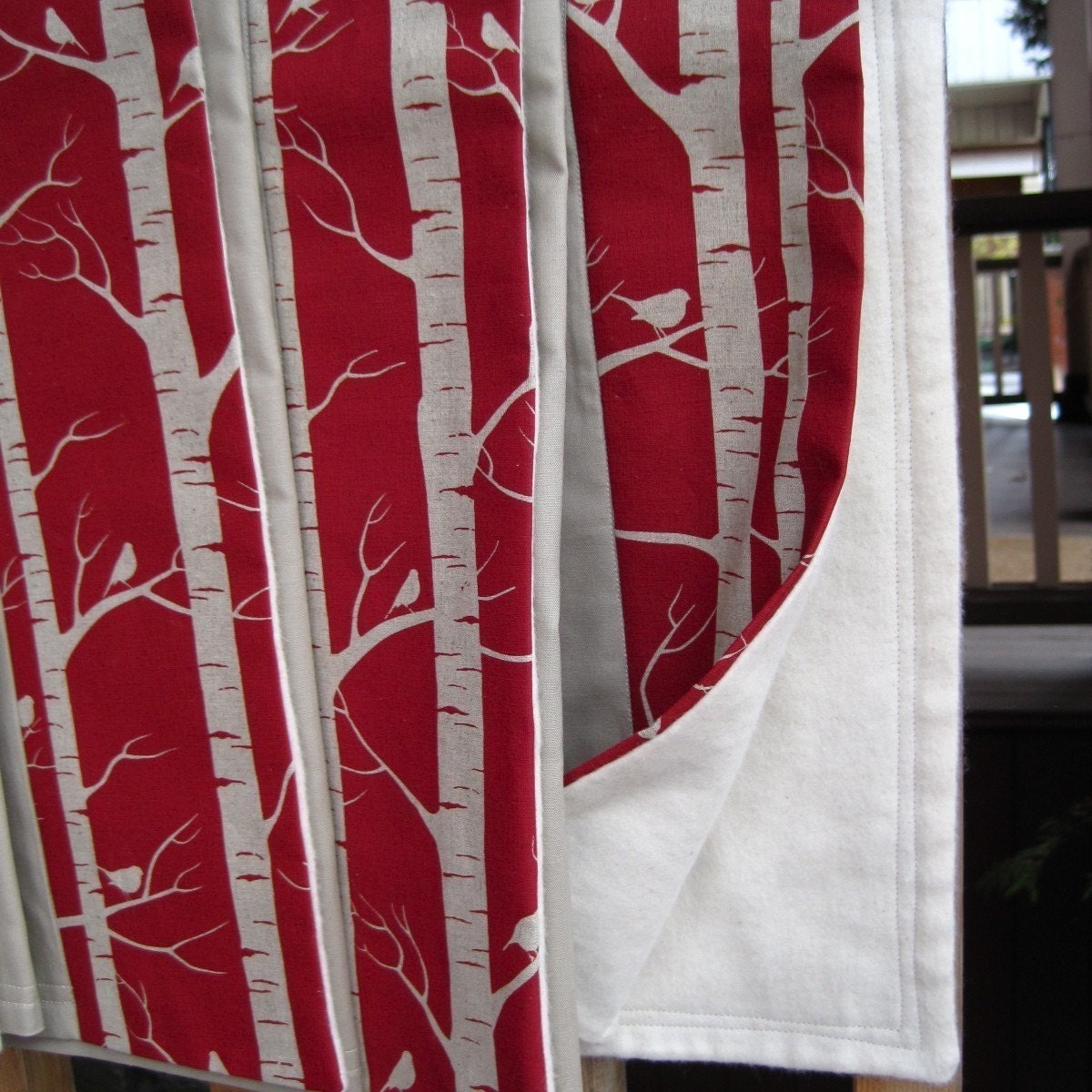 organic baby unisex blanket / rustic birch trees and birds in garnet red (READY TO SHIP)