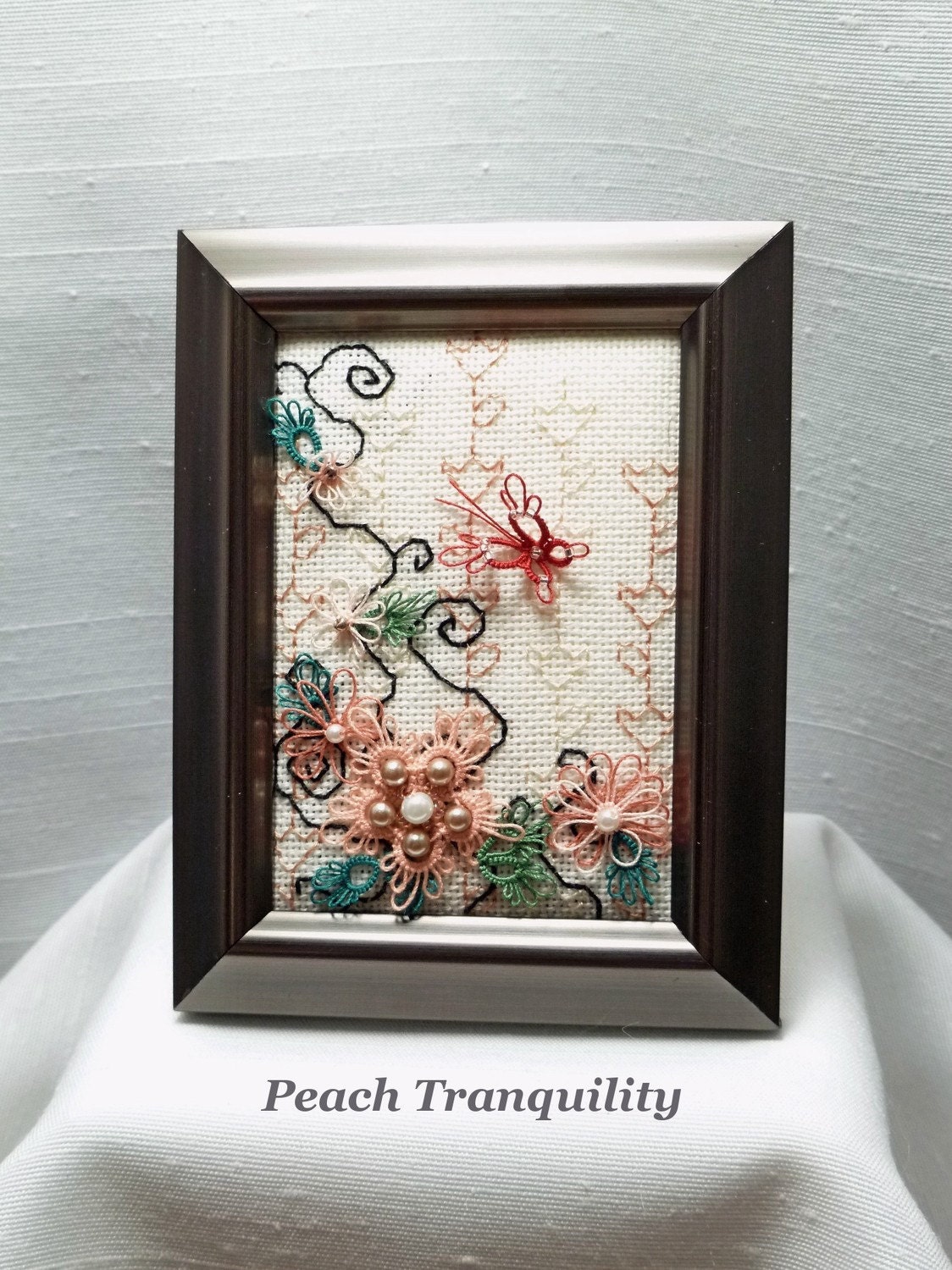 Tatted Embroidered Fiber Art Butterfly Garden -Peach Tranquility