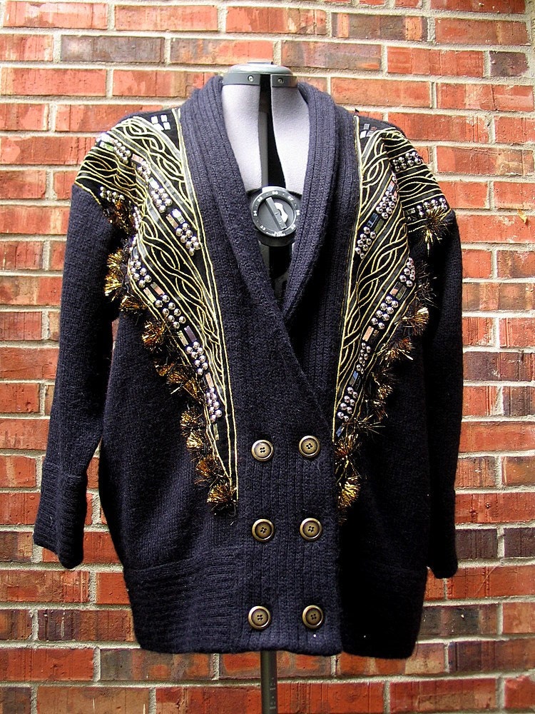 Black Cardigan Sweater Vintage 1980s Shawl Collar with Bling Modern Size 14 Large
