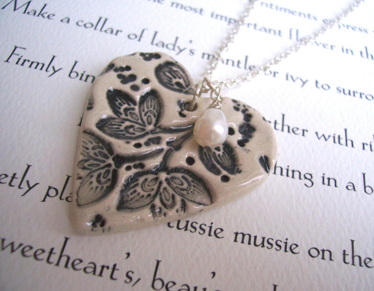 Vine Garden necklace - ceramic heart with cream pearl necklace - handmade
