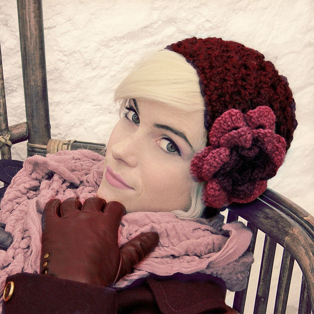 Maroon Wine Cap Hat with a Dusty Rose Flower MADE TO ORDER