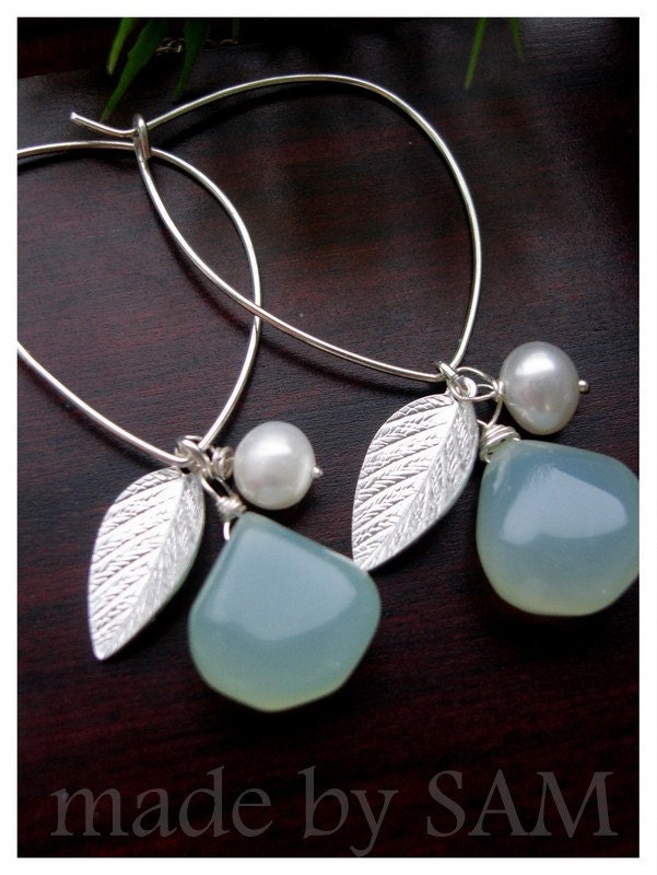 Mint leaf earrings , aquamarine chalcedony , pearl , modern leaf hoops - sea foam , spring ,Wedding Jewelry, Bridesmaid Gifts