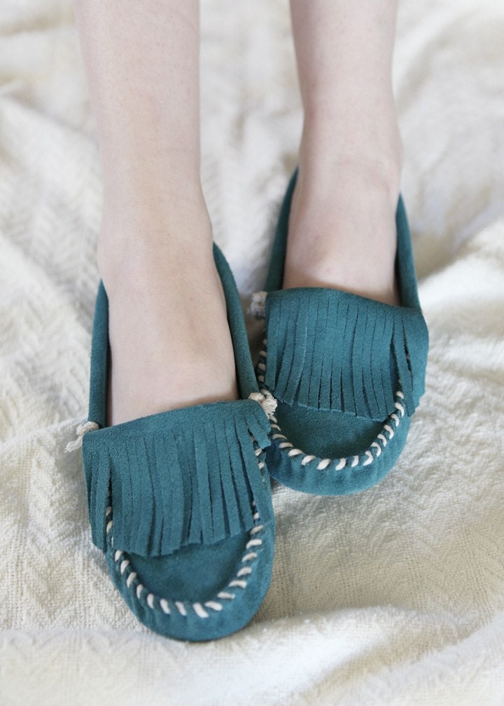 Teal Fringe Moccasins