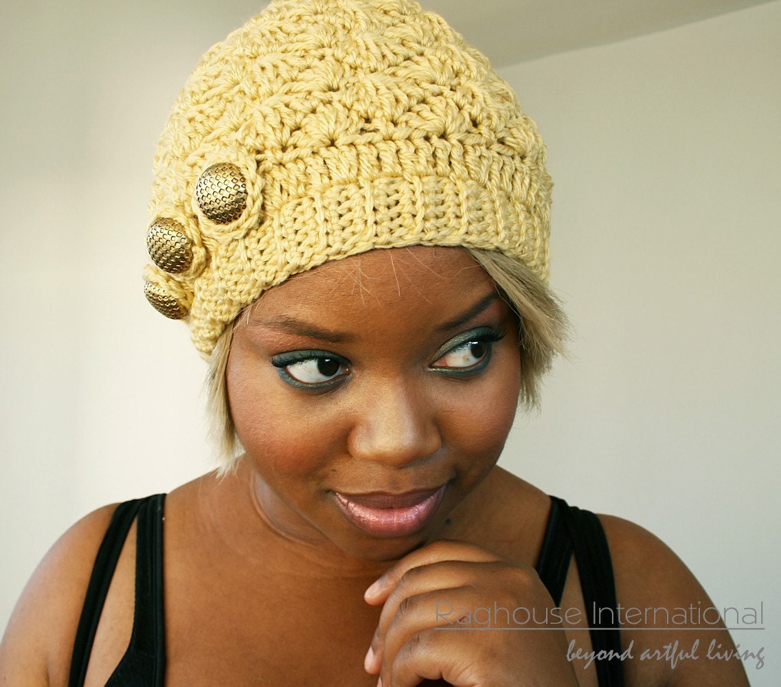 SALE Pale Yellow Crochet Hat with Gold by raghousenternational from etsy.com