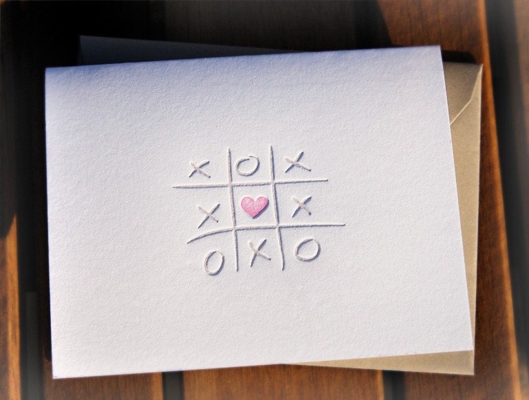 Letterpress Valentine card, xoxo and tic-tac-toe.