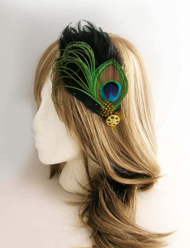 Peacock feather fascinator - TARI Design in BLACK made of peacock and layers of black feathers - CHOOSE headband, hair clip, or comb