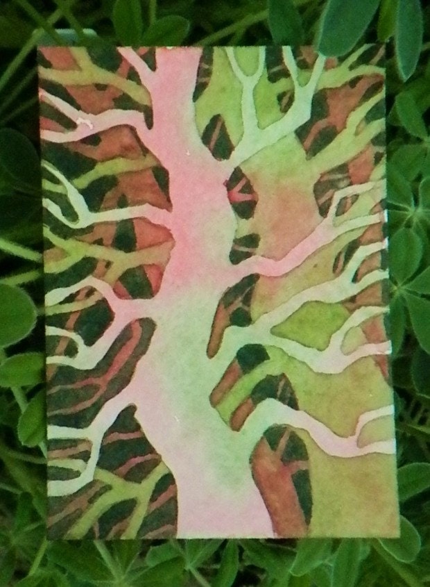ACEO original watercolor, Complementary Trees II, 3 1/2 x 2 1/2