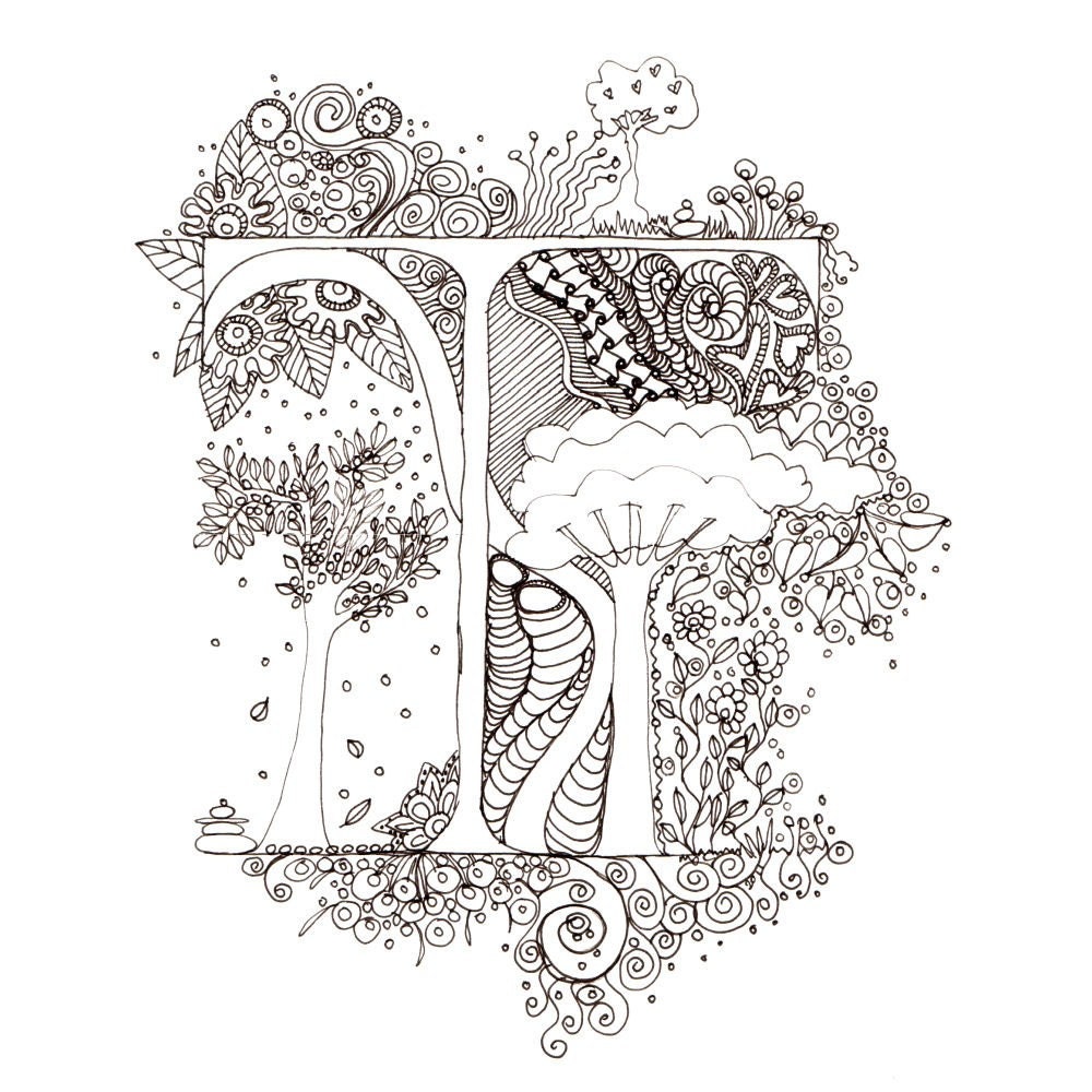 Monogram, Initial, Colour-Me-In Illuminated Letters - T, original art  drawings by melanie j cook