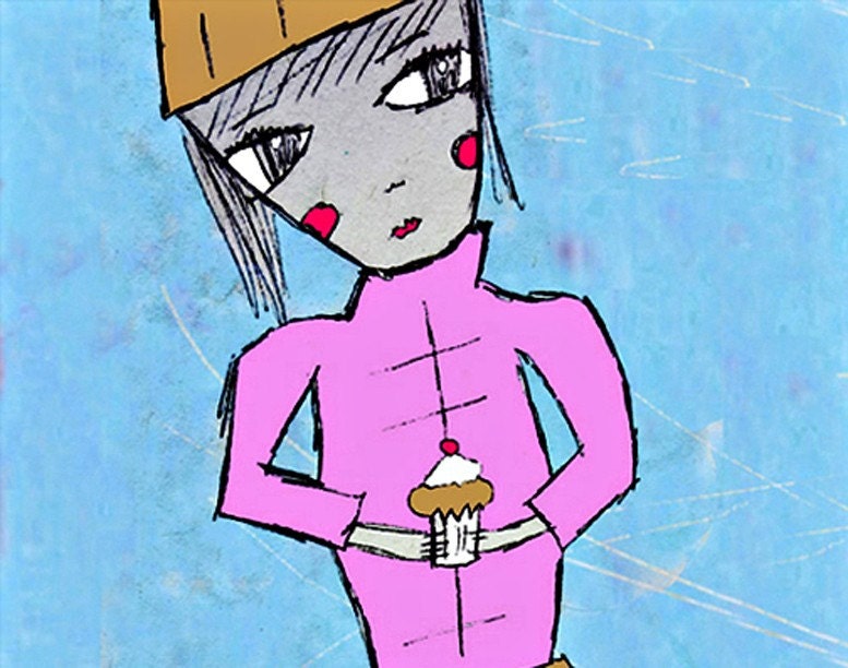 Winter Sinking Cupcake Girl: miniature print (ACEO) from original drawing