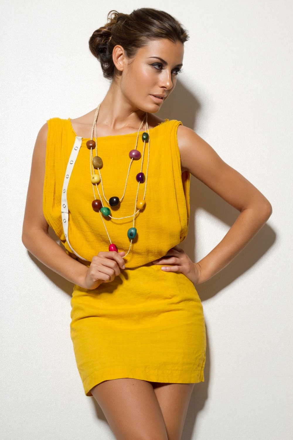 Pretty Birdie's Asymmetrical Mustard Gauze and Hemp Linen Mini Dress
