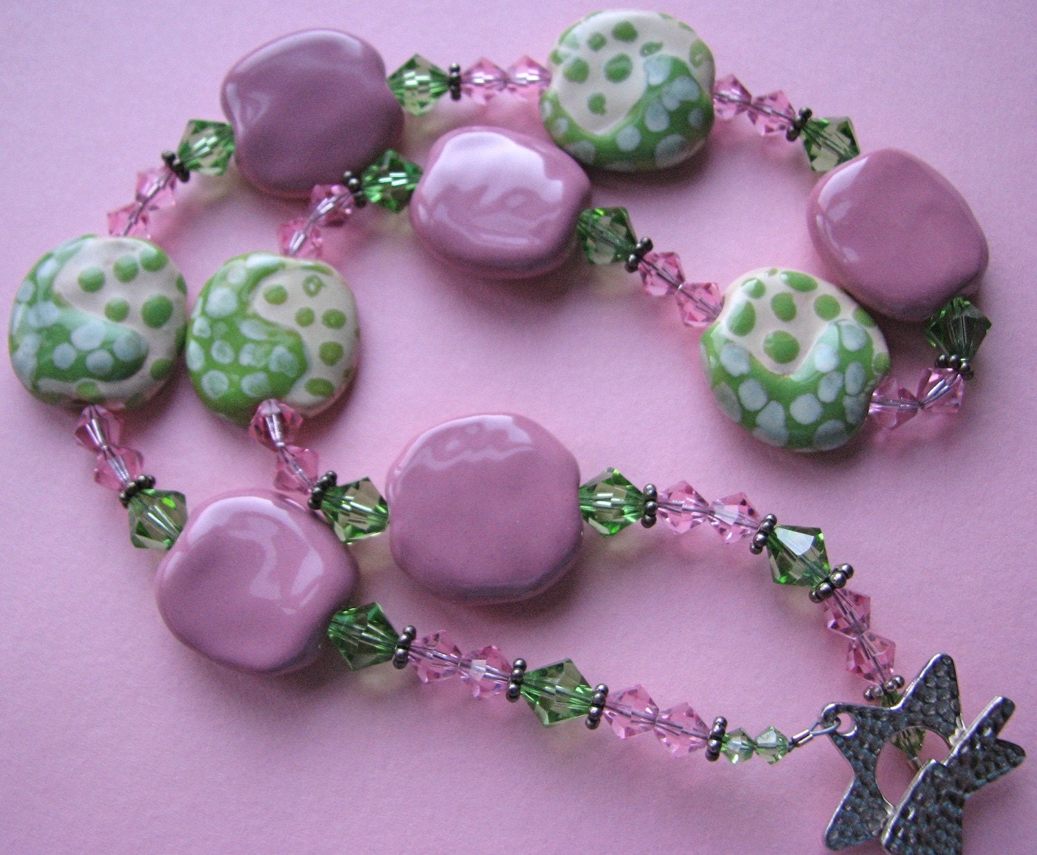 Pink and Green Kazuri and Swarovski Crystal Beaded Necklace - A great spring necklace for yourself or a gift
