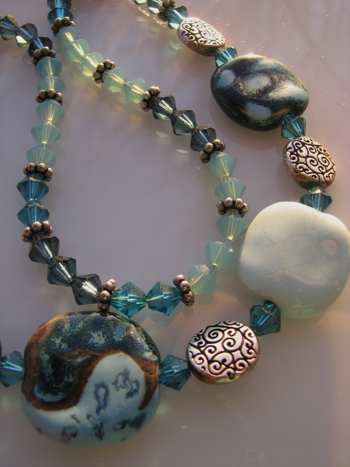 Blue Kazuri Bead and Swarovski Crystal Toggle Closure Necklace  - Azura Necklace