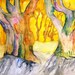 Tree Painting LARGE modern Contemporary ART 22x30" Citrine yellow, bamboo mustard yellow background, phlox purple, orchid hush trees