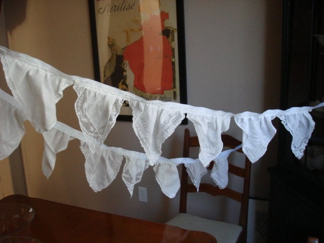 Vintage Hankies Wedding Bunting Garland White on White, Goup of 4