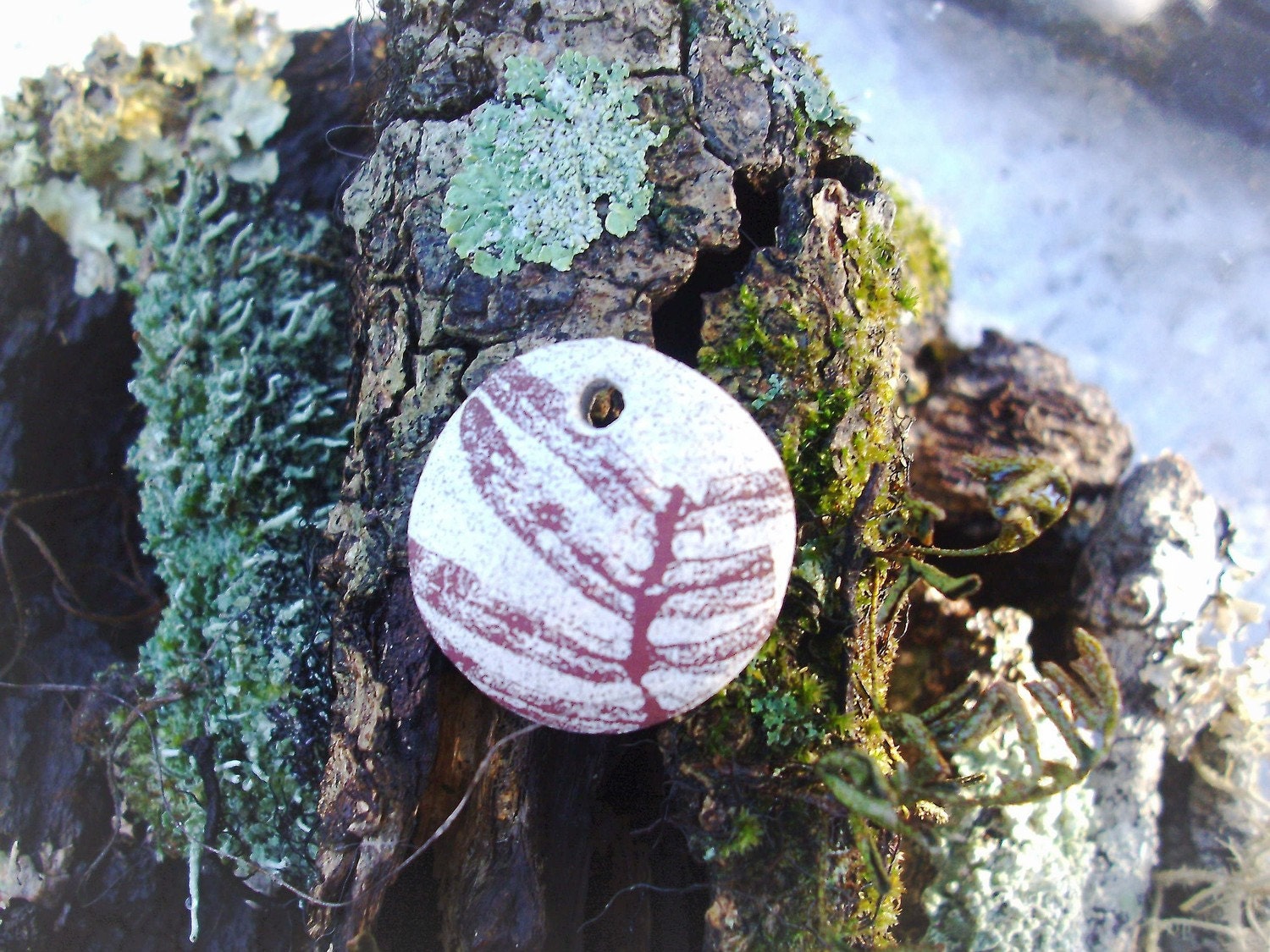Bracken Sepia Fern Leaf Frond Stoneware Pebble Pendant