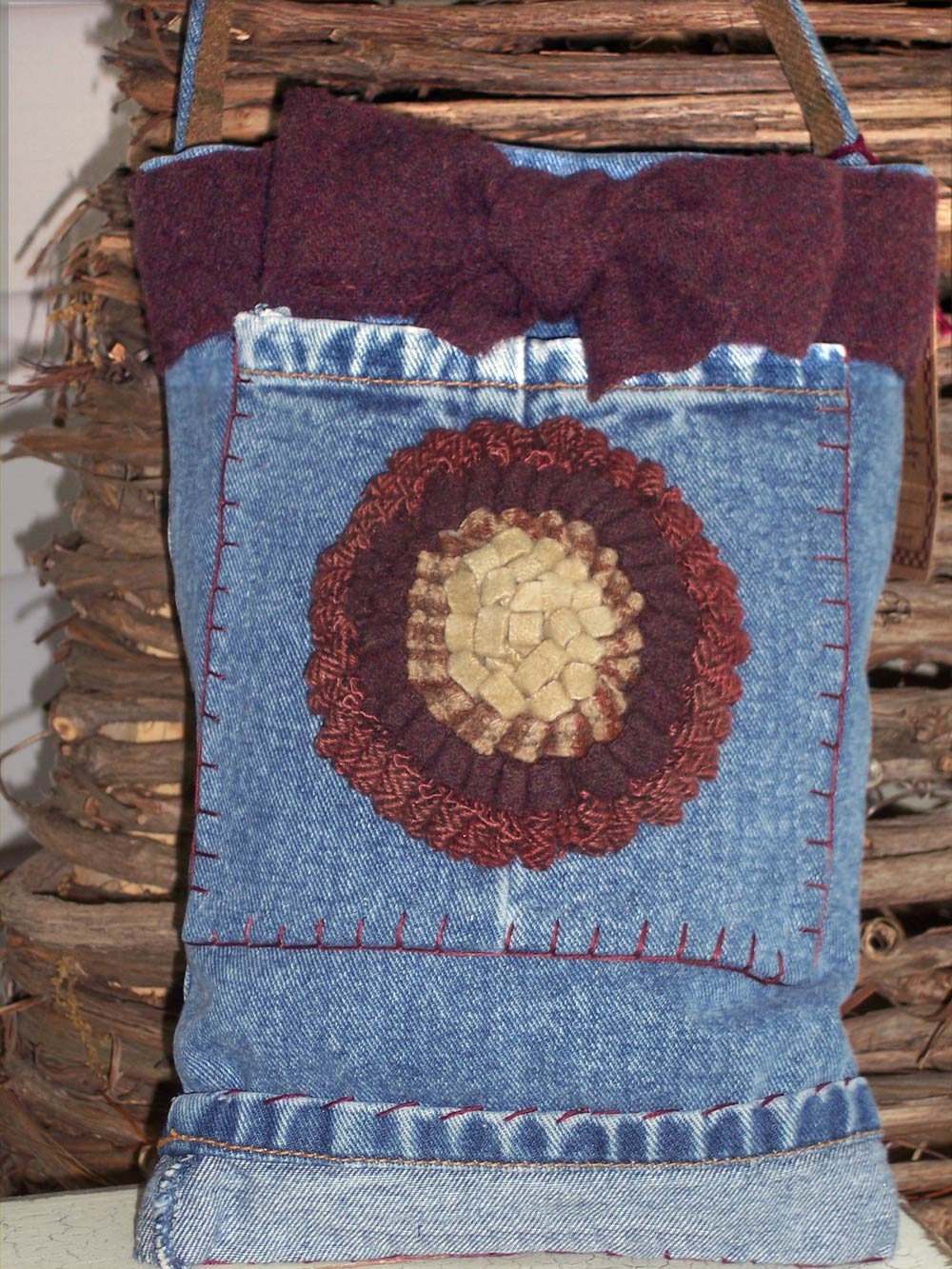 Upcycled Denim Bag- Recycled Jeans with Rug Hooked Flower