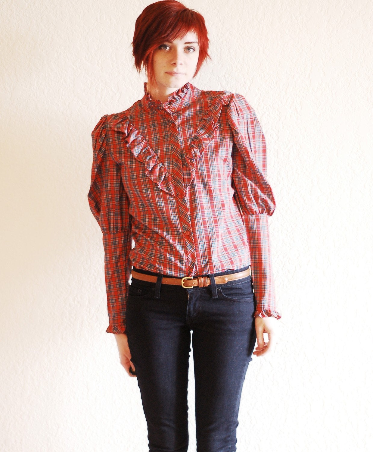 Red Plaid Ruffled Button Up Blouse - M