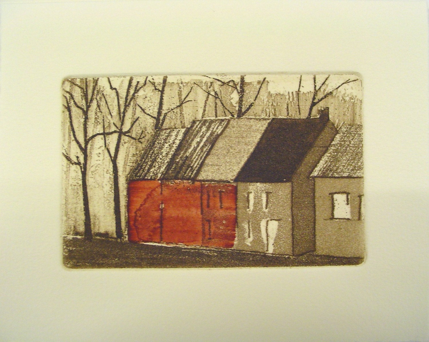 original etching of a farm,hand pulled