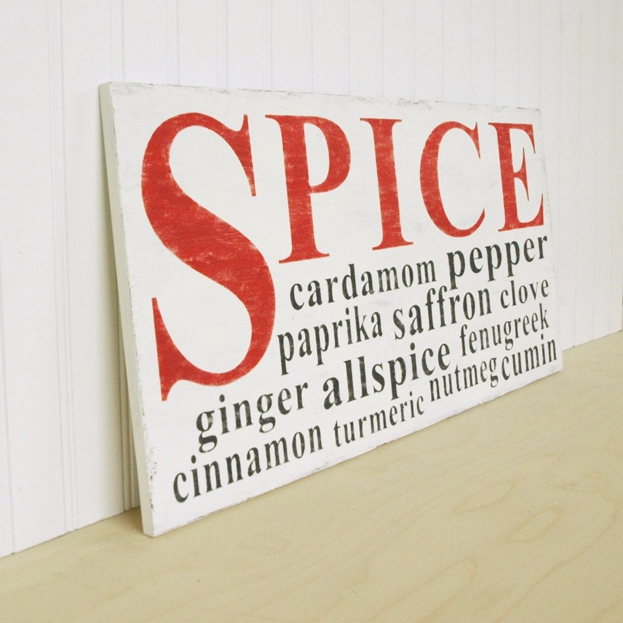 Kitchen Spice Distressed Wood Sign. Cottage White, Charcoal Black and Red. Great Gift for a Foodie or Chef