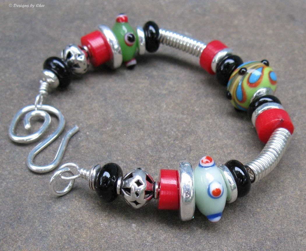 Sterling Silver Lampwork Bangle, Wirework Artisan Bracelet