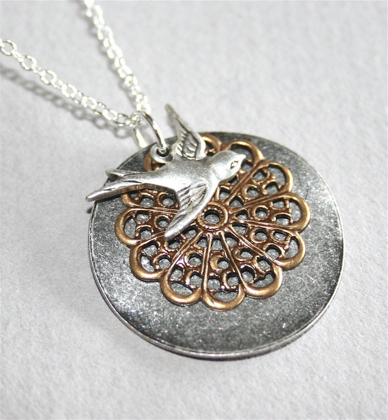 Bird Necklace with Coin and Flower filigree by smilesophie on Etsy Bird Necklace with Coin and Flower filigree by smilesophie on Etsy
