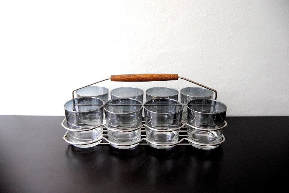 RESERVED FOR ANNAMARI Set Of 8 Vintage Mid Century Silver Cocktail Glasses Tumblers With Serving Caddy