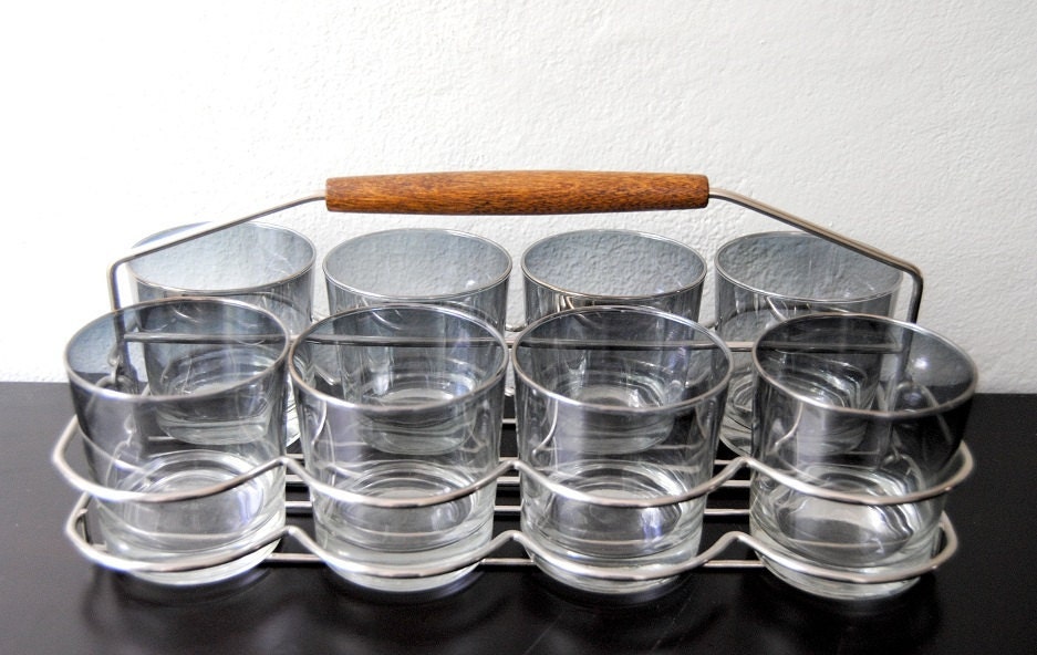 RESERVED FOR ANNAMARI Set Of 8 Vintage Mid Century Silver Cocktail Glasses Tumblers With Serving Caddy