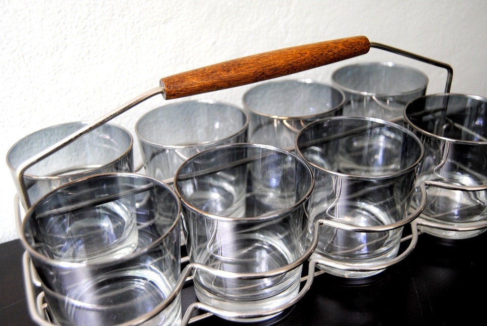 RESERVED FOR ANNAMARI Set Of 8 Vintage Mid Century Silver Cocktail Glasses Tumblers With Serving Caddy