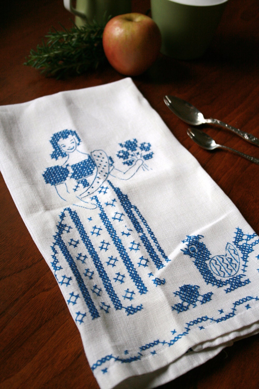 vintage embroidered tea towel - girl & duck