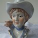 Vintage doll head vase, 24 kt gold trim light blue cowgirl, perfect condition