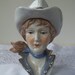Vintage doll head vase, 24 kt gold trim light blue cowgirl, perfect condition
