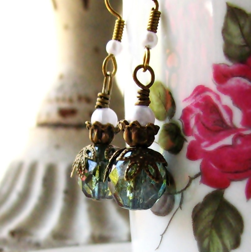 FREE SHIPPING - KAROLINA Parisian Nostalgia Sea Green Glass Earrings