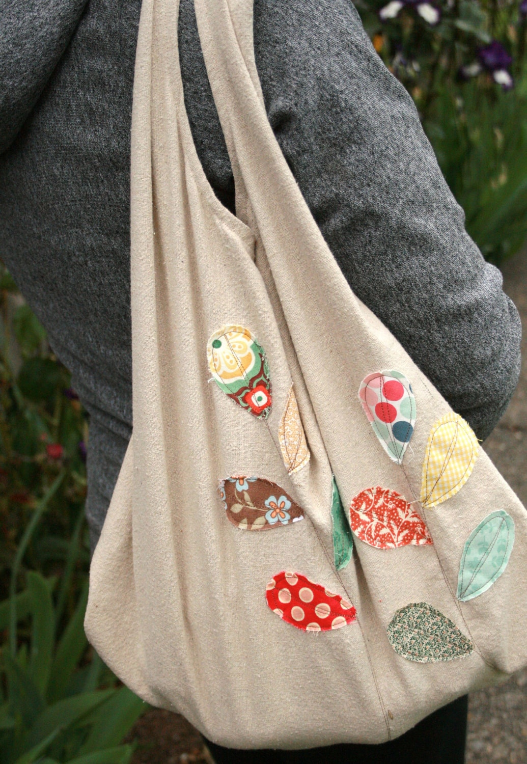 cotton grocery tote bag in multicolor leaves