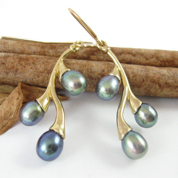 Gold  dangle Earrings - Black Pearls  branches