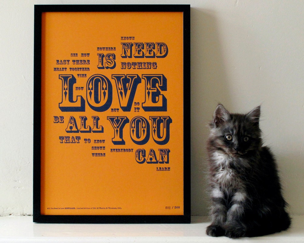 The Beatles - All You Need Is Love Distilled. Limited Edition Letterpress A3 Poster Print.