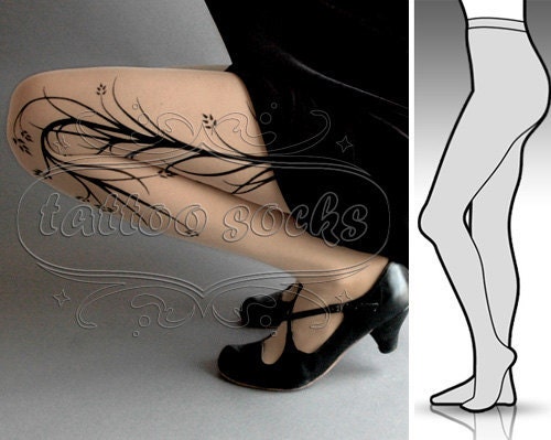 new: Small / Medium sexy Long Branches tattoo tights / stockings/ full length / pantyhose / nylons LIGHT MOCHA