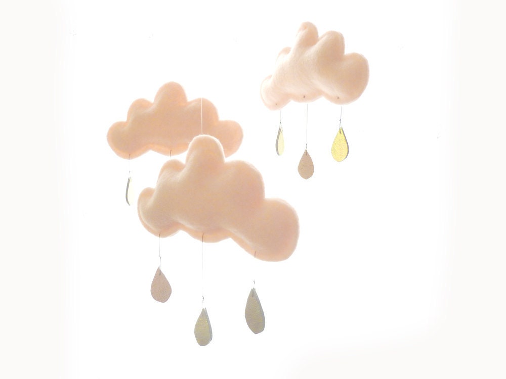 Peach cloud mobile for nursery "May" with gold star by The Butter Flying-Rain Cloud Mobile Nursery Children Decor