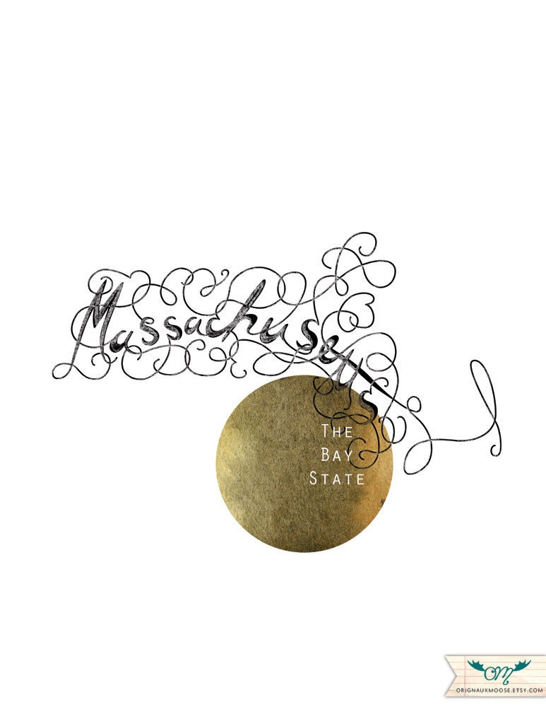 Calligraphic State. Massachusetts . 8 1/2 x 11 Print