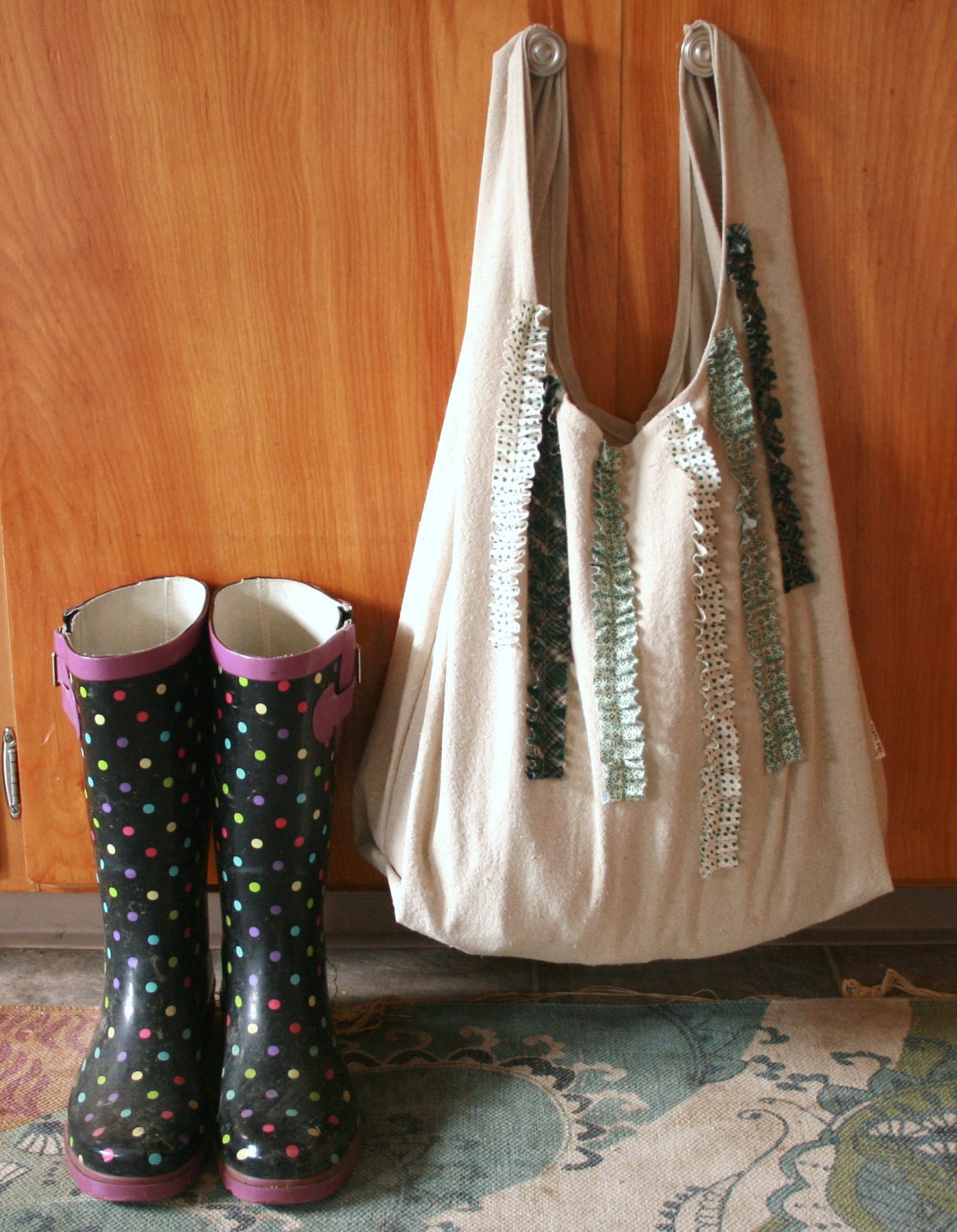 cotton market tote bag with green ruffles