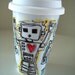 Reserved Ceramic Travel Mug Robot Painted Eco Friendly coffee cup with lid hearts Black White Red Blue Yellow Geekery by sewZinski