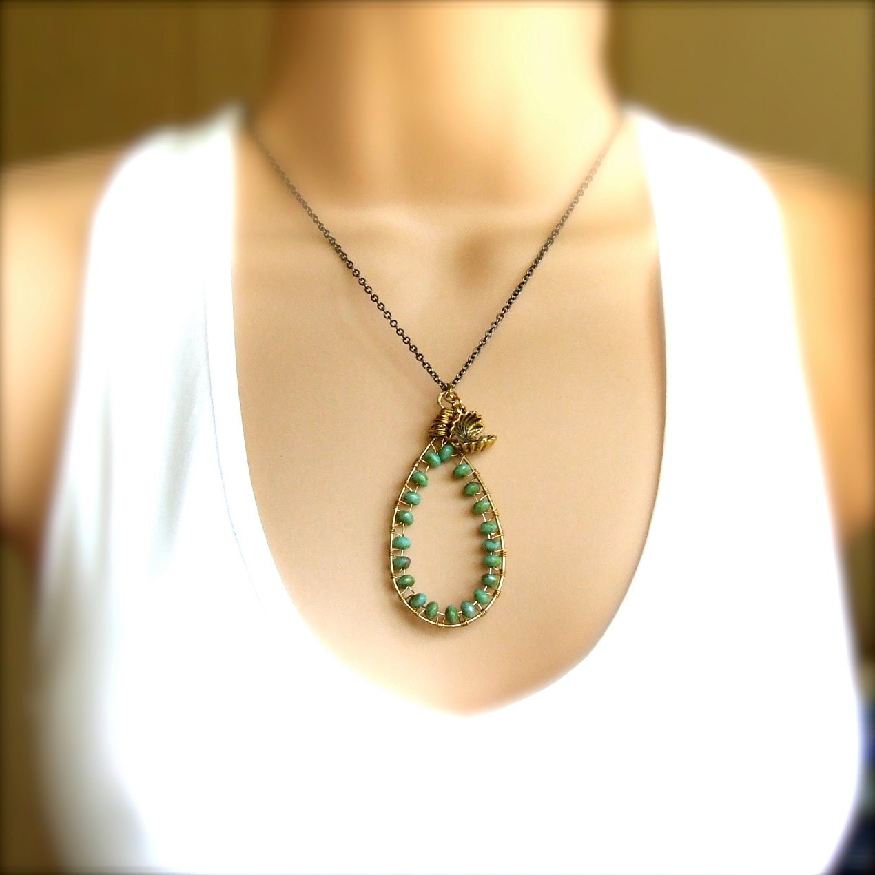 Wire Wrapped Brass Teardrop Pendant - Necklace -Cordelia - Handmade Fashion