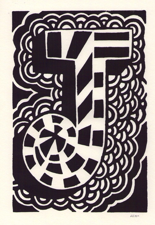 J is for the letter J. Linocut