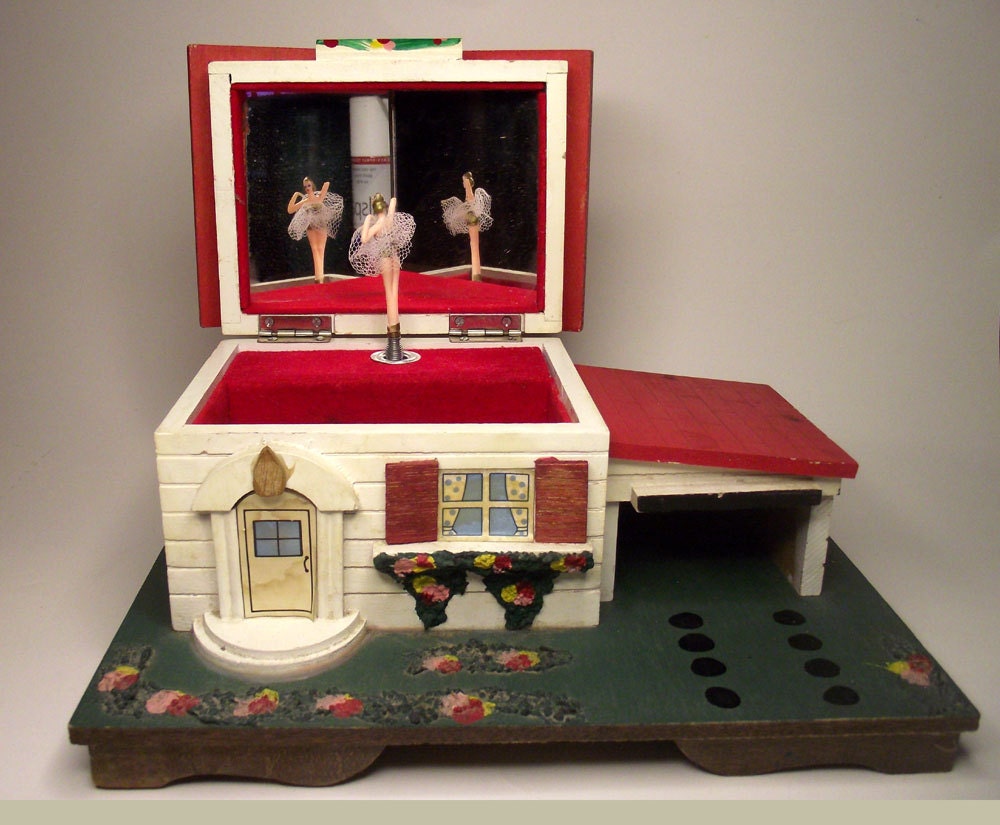 Wooden Cottage Music Jewelry Box with Dancing Ballerina