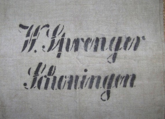 Antique german grain sack, linen, handwoven, printed